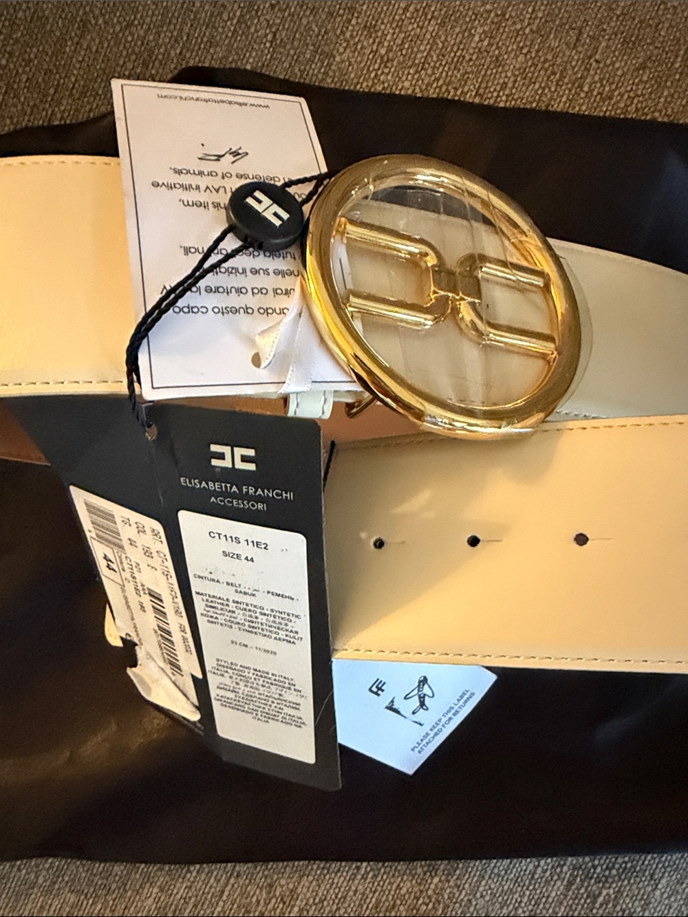 Elisabetta Franchi Cream Leather Belt with Gold Logo Buckle